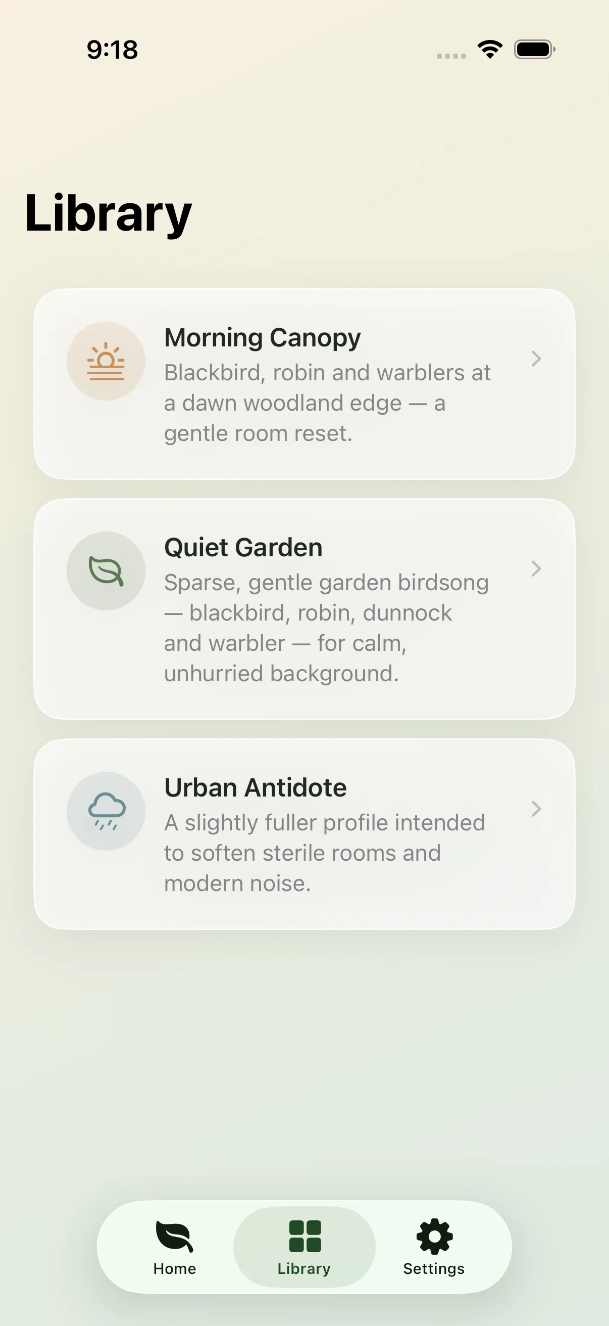 Canopy soundscape library with three profiles